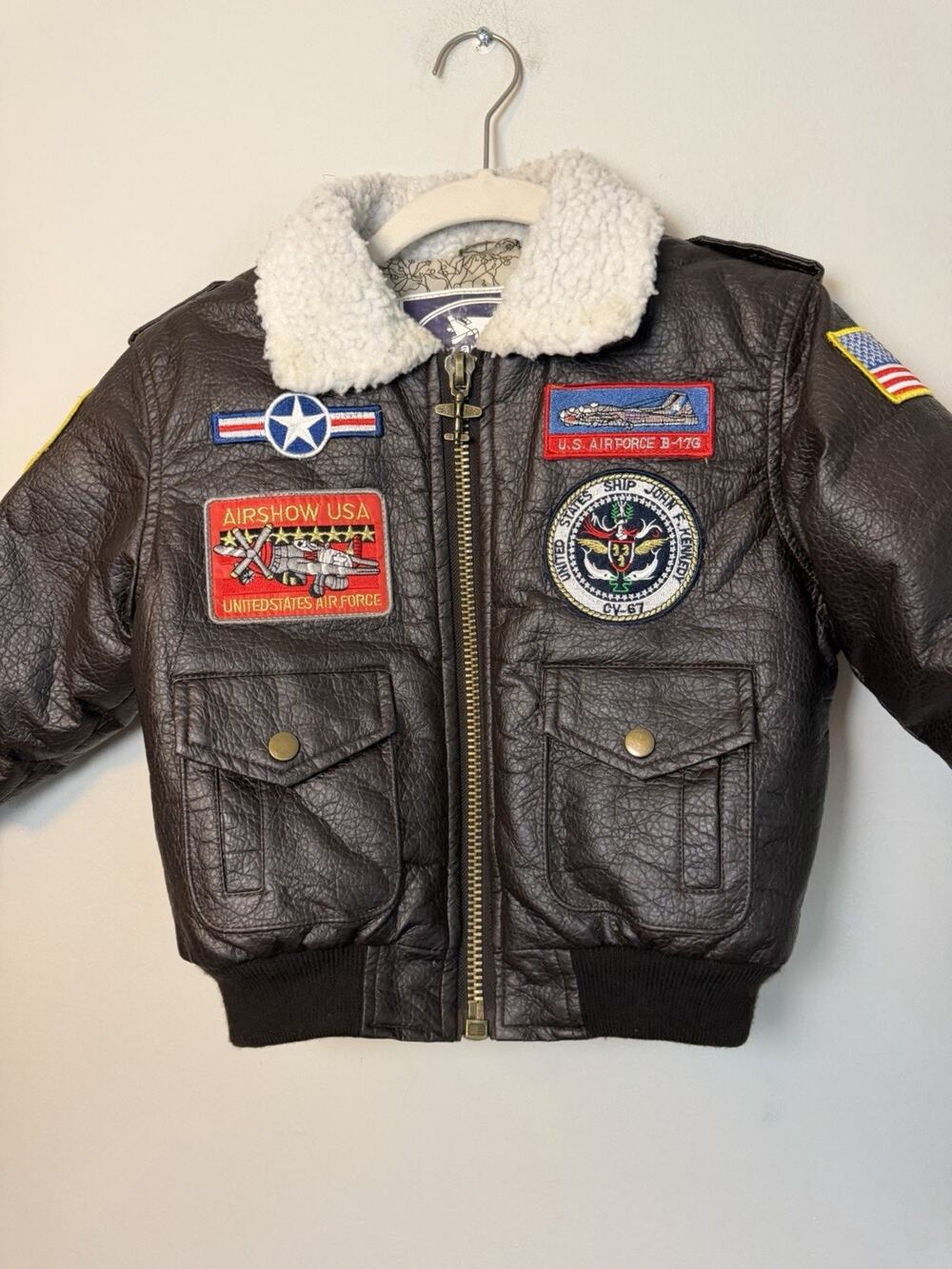 Up and Away USAF Flight Bomber Jacket Sherpa Faux Leather Small 4/5 Patches EUC